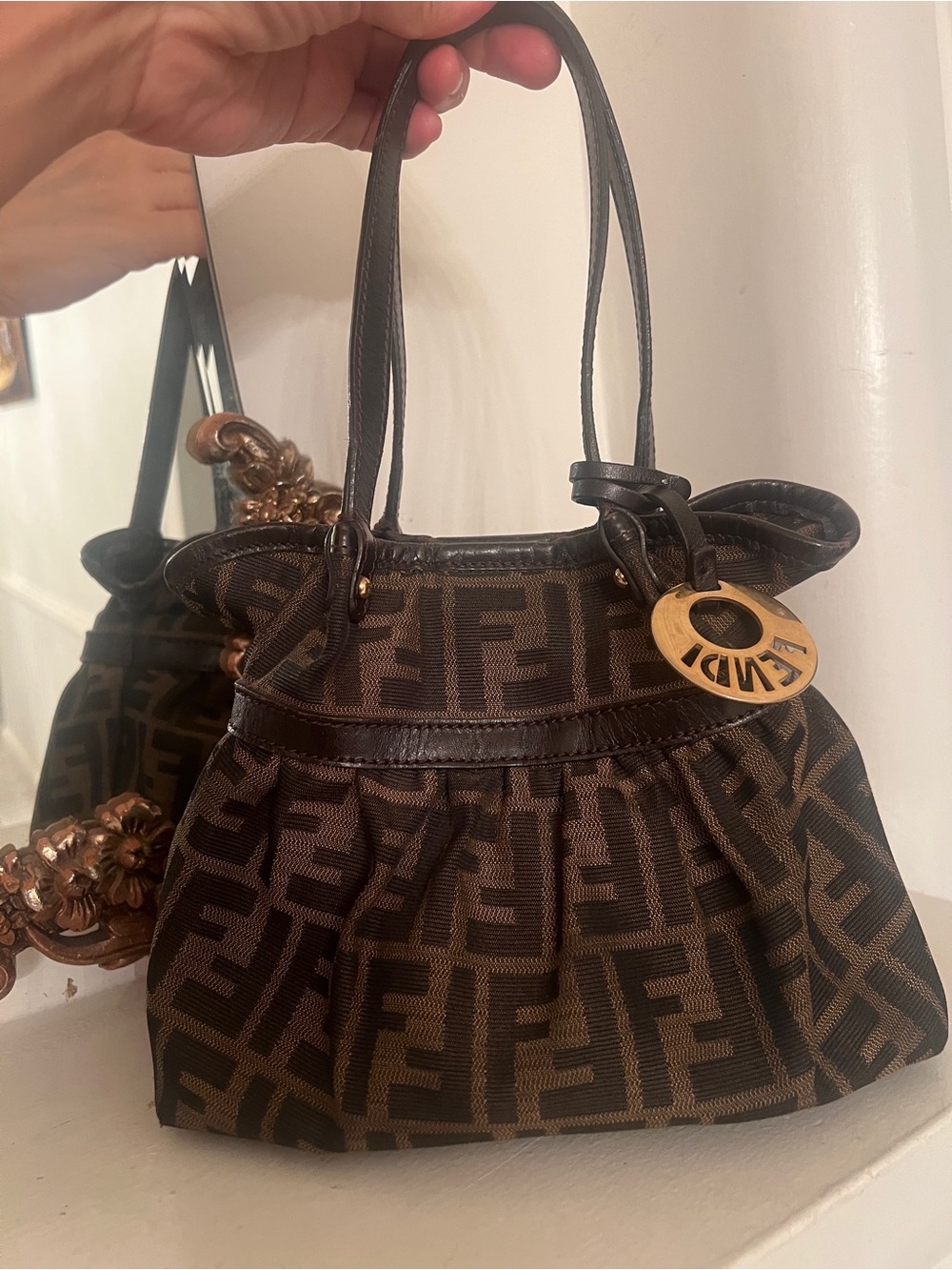 Fendi Brown and Black FF Monogram Pleated Shoulder Bag mini with Gold Charm - Picture 3 of 10